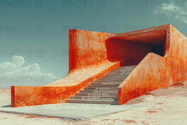 Bold orange architectural structure with geometric shapes in a desert setting, AI generated