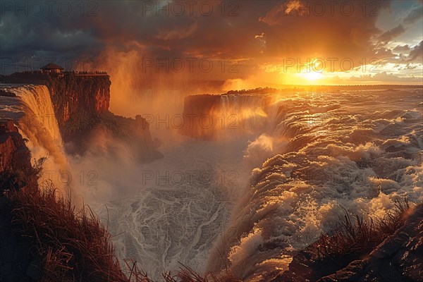 Sunrise casting golden light on a cascading waterfall with rising mist, AI generated