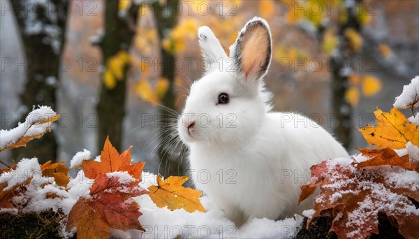 KI generated, A white dwarf rabbit in autumn, ice, snow, onset of winter, (Brachylagus idahoensis)