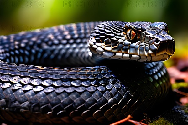 European adder coiled in a striking position showcasing its distinctive patterning, AI generated