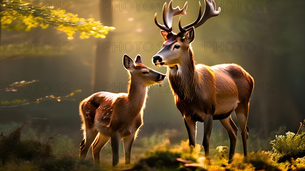 Red deer hind nose to nose with her calf, AI generated