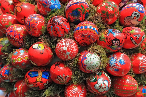 Detail of an Easter fountain in Franconian Switzerland, Bamberg district, Upper Franconia, Germany, many colourful blown-out and dyed eggs as decoration, Easter custom, Europe