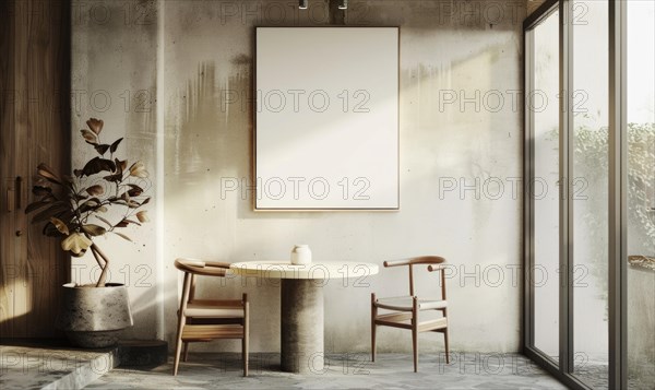 A tranquil modern room with a round table, chairs, a plant, and an empty frame on a textured concrete wall AI generated