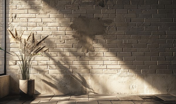 Morning light creates serene shadows on a brick wall with a simple vase as a focal point AI generated