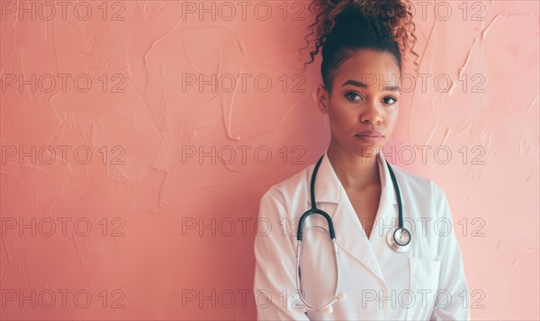 Calm medical professional in white with a confident gaze against a pink backdrop AI generated