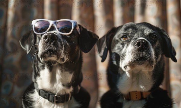 Two stylish dogs with sunglasses on, looking upwards in front of a sunlit curtain AI generated