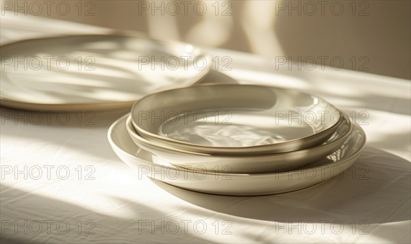 Softly lit scene of clean plates stacked on a table, emitting elegance and simplicity AI generated