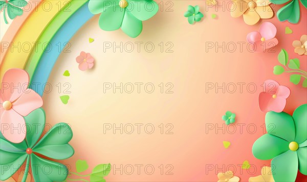 Soft pastel colored background with a gentle rainbow, clovers, and flowers AI generated