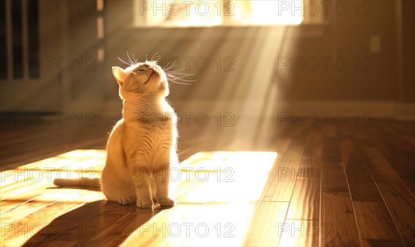 A cat serenely basking in sunlight on a wooden floor surrounded by shadows and warmth AI generated