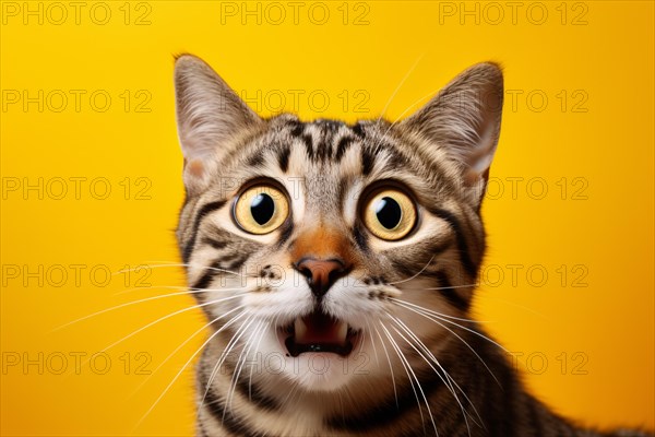 Shocked or surprised cat with open mouth in front of yellow studio background. KI generiert, generiert AI generated