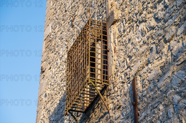 Detailed view of an old window with robust iron grille, manor house, Schoeller, Wuppertal, Bergisches Land, North Rhine-Westphalia