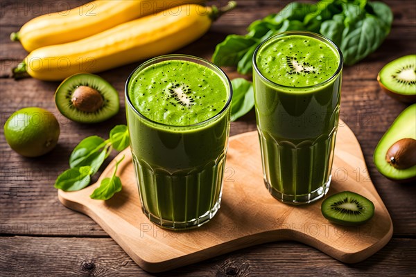 Clear glass containing vibrant green smoothie brimming with spinach kiwi avocado slices, AI generated