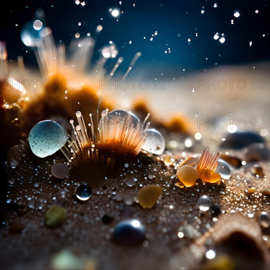 Sand samples speckled with microplastics magnified under a microscope, AI generated