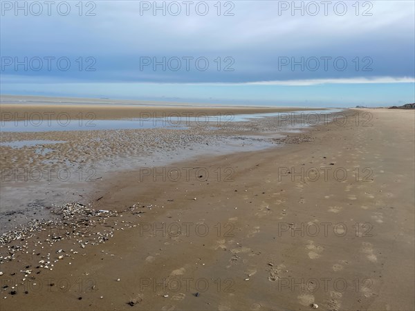 Wide, open beach with puddles of water and a cloudy sky, DeHaan, Flanders, Belgium, Europe