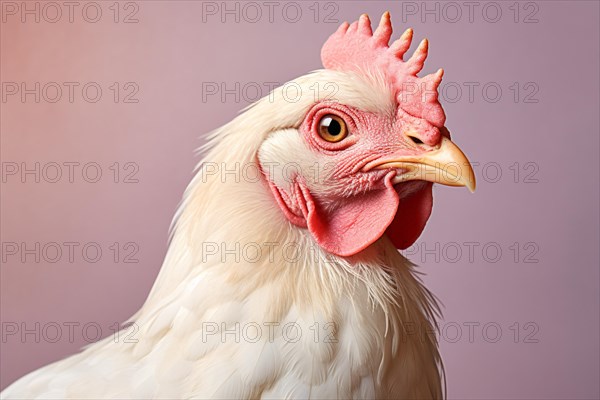 Portrait of white chicken on front of pastel pink and purple studio background. KI generiert, generiert AI generated