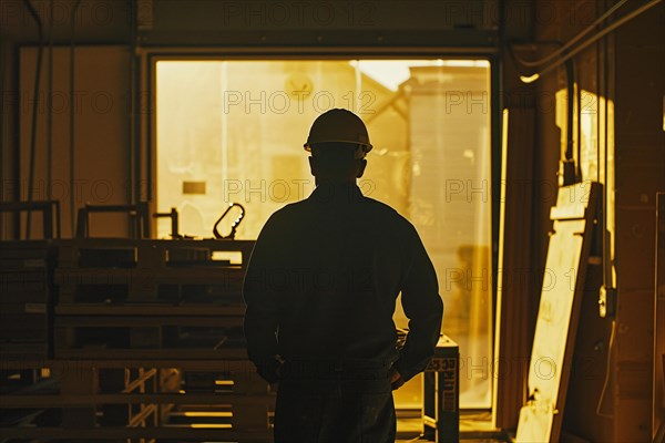 Silhouette of a worker wearing a helmet in a backlit industrial setting, AI generated