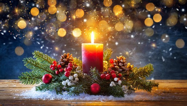 Ai generated, Advent wreath with burning candles, Christmas time, Christmas decoration, 1st Advent, First Advent