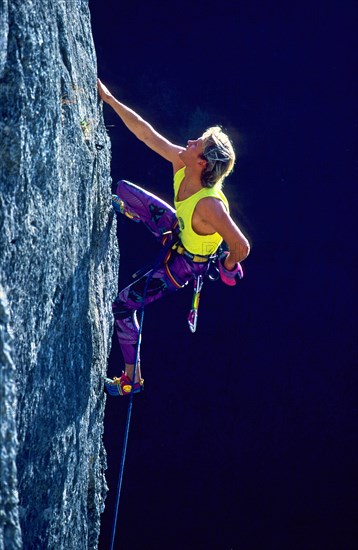 Climber on a route in the 7th degree of difficulty of the German scale, Wittlinger Felsen, Urach Valley, Baden-Wuerttemberg, Germany, retro, vintage, old, retro, vintage, old, Europe