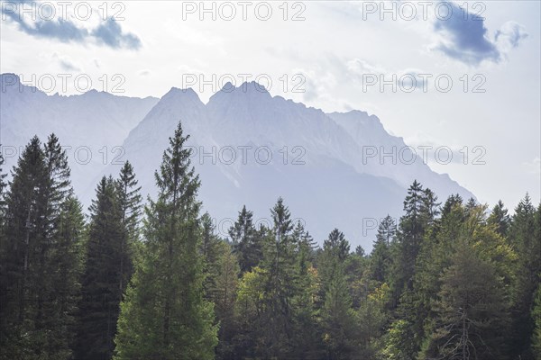 Wetterstein mountains with Zugspitze massif and forest in autumn, hiking trail Kramerplateauweg, Garmisch-Partenkirchen, Upper Bavaria, Bavaria, Germany, Europe