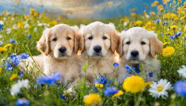 KI generated, Three Golden Retrievers lying in the grass of a flower meadow, young animals, animal children