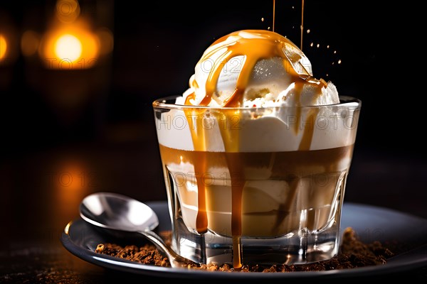 Gelato affogato scoop submerged in cascading hot espresso, AI generated