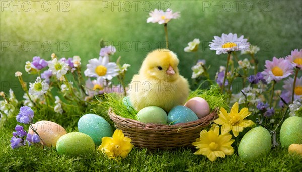 Ai generated, An Easter basket with coloured eggs in a meadow with colourful flowers, a chicken chick in the basket, symbolic image Easter, animal children