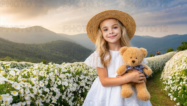 Ai generated, A blonde girl, 8 years old, enjoys the summer in a meadow with lots of flowers and is happy about her teddy bear, mascot