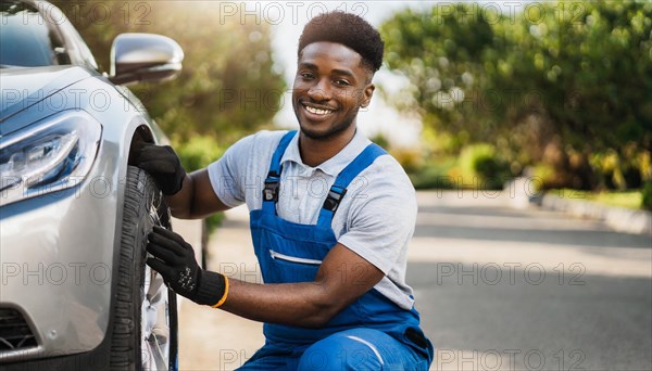 AI generated, A mechanic changes the tyres on a customer's car, tyre fitting, silver car