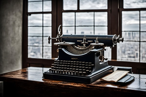 Antique typewriter with peeling paint and rust, AI generated