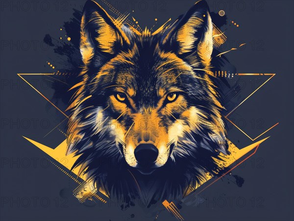 Graphic illustration of a wolf with geometric shapes in navy blue and orange tones, ai generated, AI generated