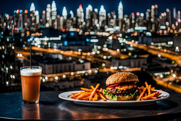 Plant based protein burger accompanied by sweet potato fries, AI generated