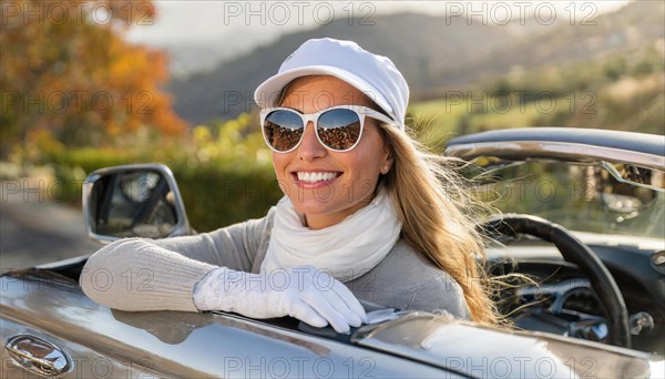 AI generated, A blonde woman enjoys her open-top convertible on a drive
