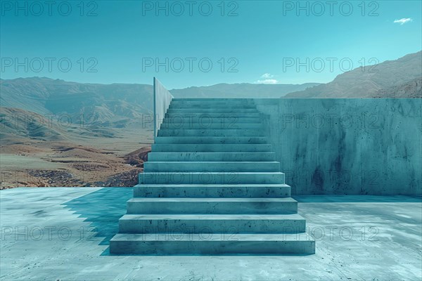 Minimalist concrete stairs against a mountain landscape and blue sky, AI generated