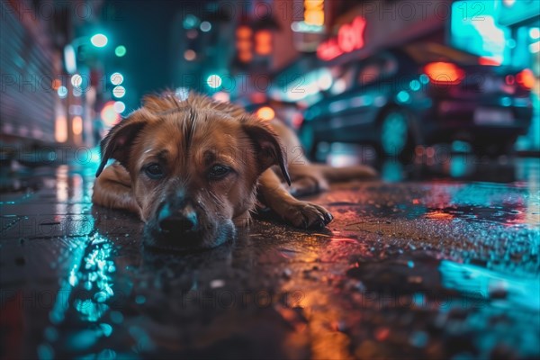 An abandoned, stray, young mixed-breed dog lies on a wet road at night and looks sad, AI generated, AI generated, AI generated