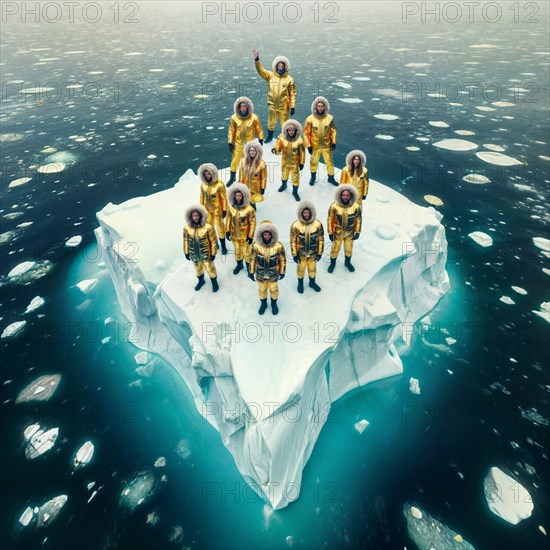 Aerial view of group people wearing yellow winter garment standing on a large block of ice in the middle of the ocean. AI generated