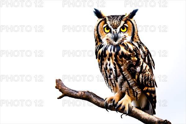 European eagle owl large piercing eyes on a branch, isolated on white background, AI generated