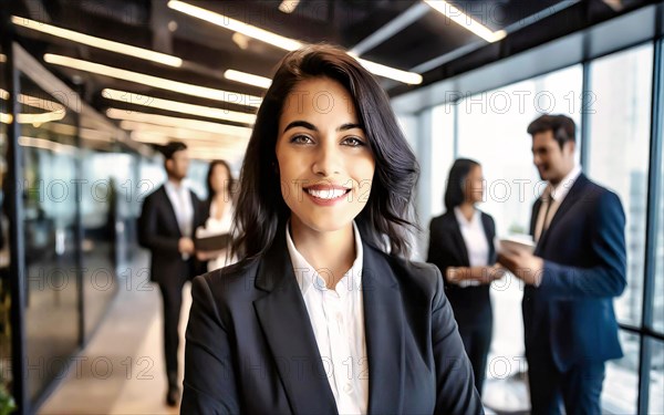 Self-confident woman with black hair standing in the office, professional businesswoman, young CEO of a company, AI generated, AI generated