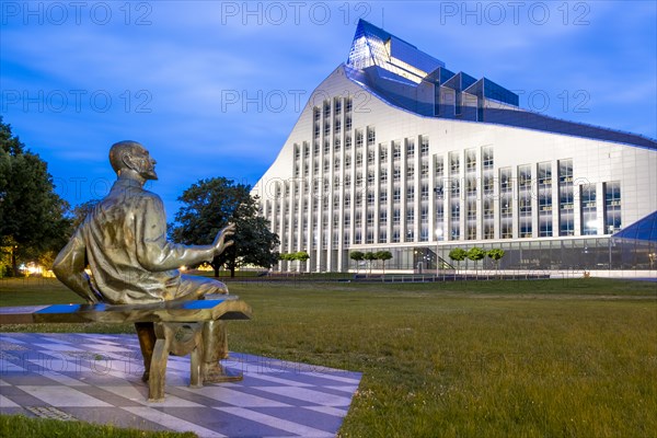 Riga. Latvian National Library. Statue of the Latvian writer Janis Rainis, Janis Plieksans. No man, great man, Riga, Latvia, Europe