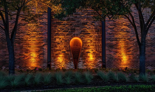 Strategic lighting enhances the architectural features of a brick wall and trees at night AI generated