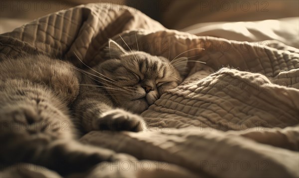 Close-up of a sleeping cat on a comfy beige bedding in sepia tones AI generated