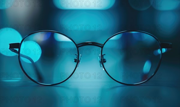 Round glasses reflecting blue lights lying on a surface with bokeh effect in the back AI generated