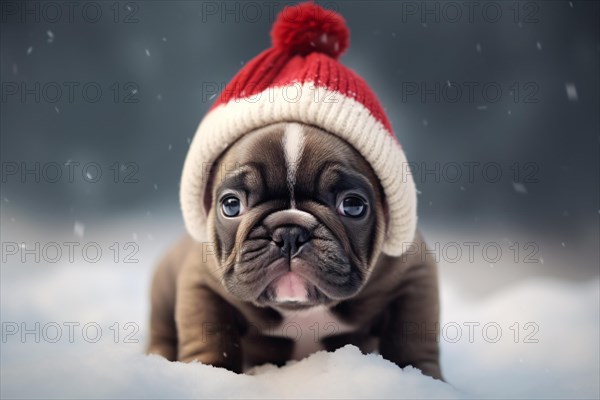 Young Fernch Bulldogd og puppy with red and white knitted winter hat in snow. KI generiert, generiert AI generated