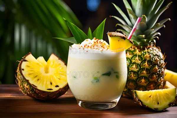 Tropical smoothie with pineapple coconut milk dash of lime served in coconut shell bamboo, AI generated