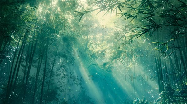 Morning sunlight piercing through a serene green bamboo forest, ai generated, AI generated