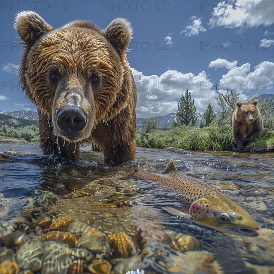 A brown bear hunts salmon in shallow clear water, AI generated