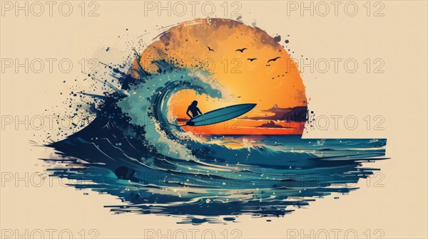 Silhouette of a surfer riding a vibrant wave at sunset with splatter effects, ai generated, AI generated