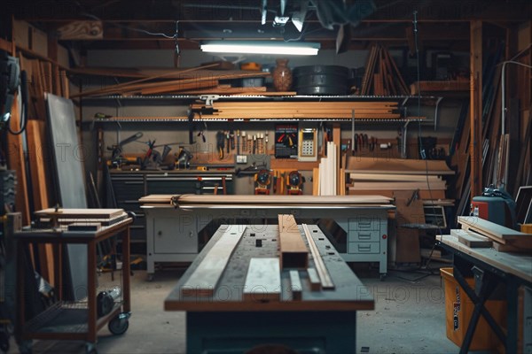 An organized and spacious woodworking shop full of professional tools and equipment, AI generated
