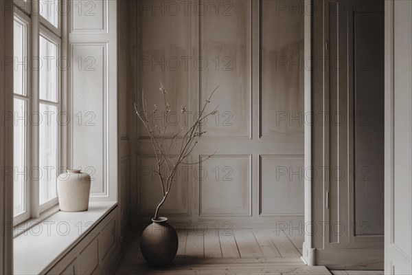 Elegant interior in neutral tones featuring a vase with a dried branch against panelled walls, AI generated