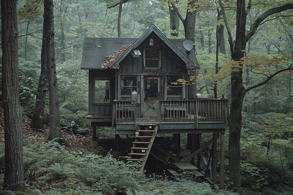 Quaint rustic cabin tucked away in the woods, featuring a balcony amongst the dense forest greenery, AI generated