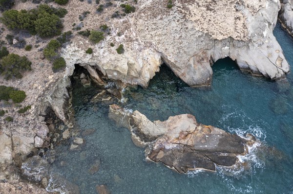 Aerial view of the cliffs at Gerontas Beach, Milos, Cyclades, Greece, Europe